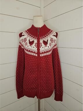 Talbots XL red & white full zip cotton sweater with birds hearts & snowflakes